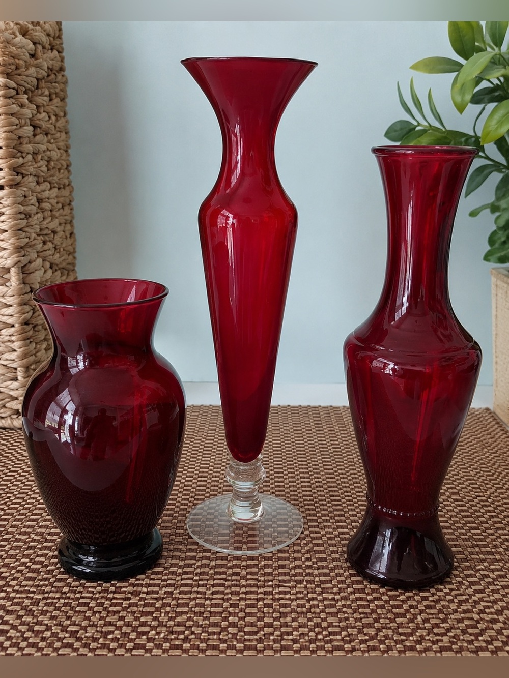 Vintage Ruby Red Glass Vase Set of 3 | Cranberry Decorative Art Glass Bud Vases
